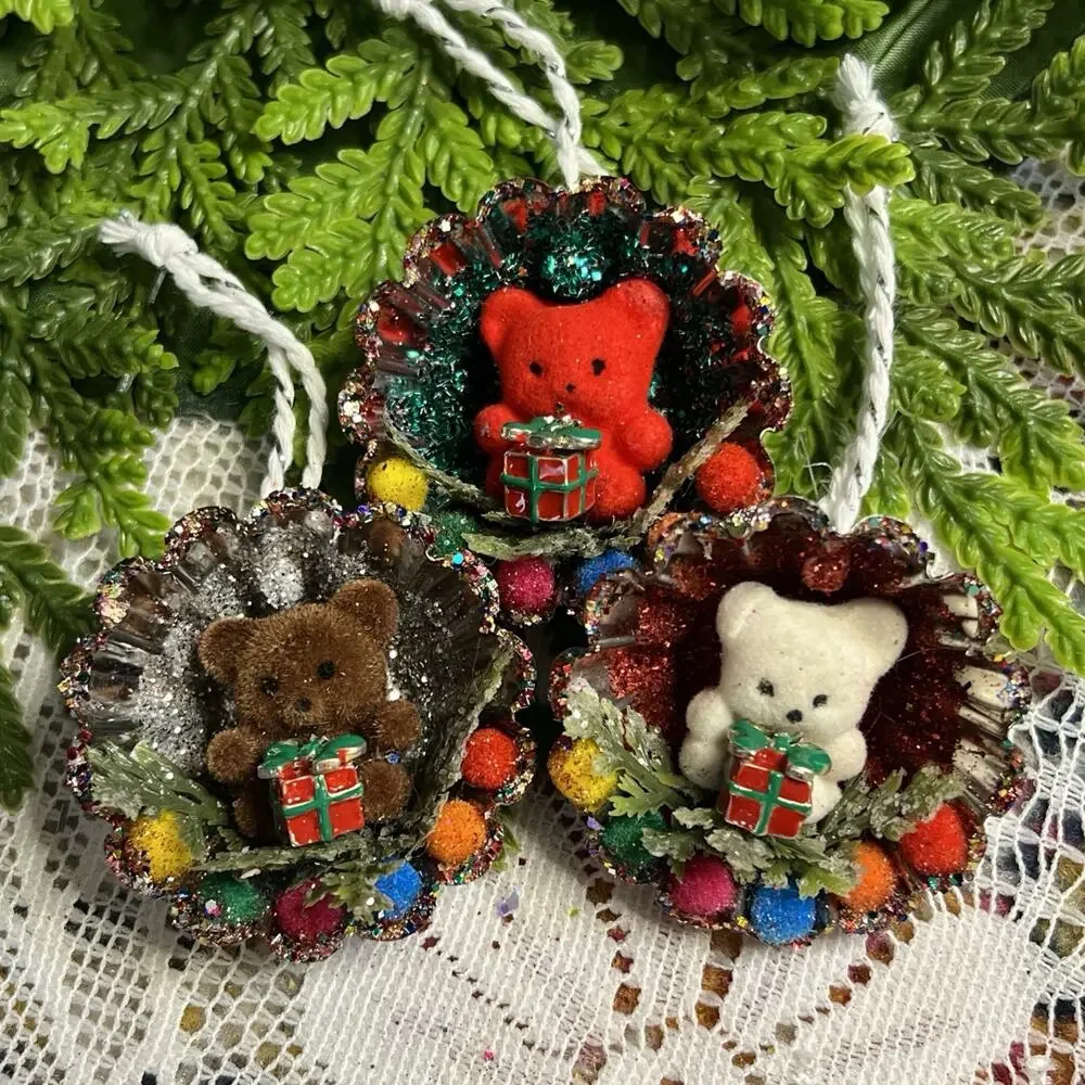Vintage Round Tart Tin Flocked Fuzzy Bears Set/3 Diorama Mid Century Ornaments